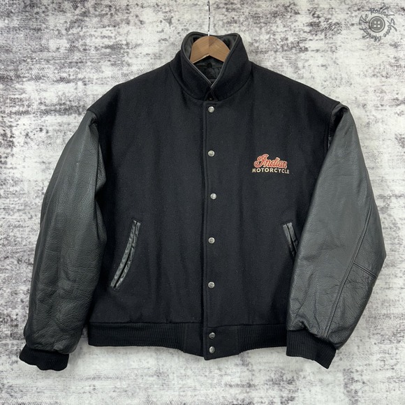 Vintage Indian Motorcycle Varsity Jacket Black Leather Sleeves XL Made in Canada